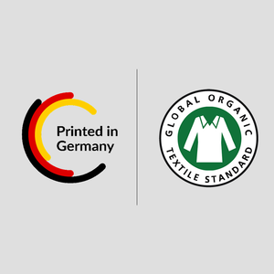 Two certifications reading "Printed in Germany" and "Global Organic Textile Standard"